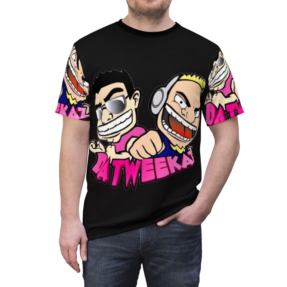 Datweekaz inspired T-shirt with electronic dance music and festival fashion design - men front