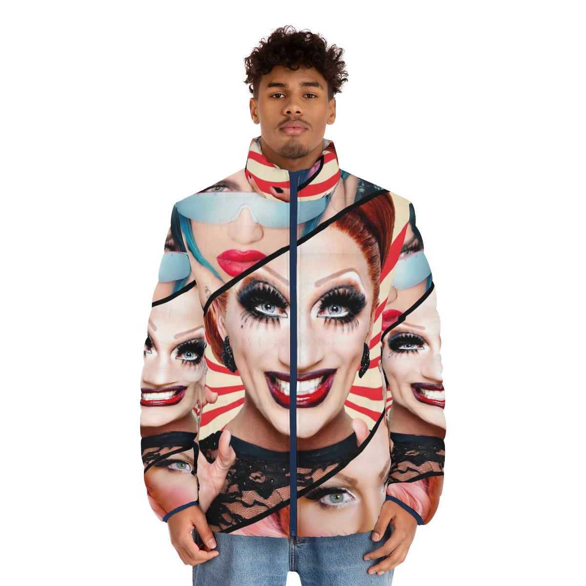 Vibrant puffer jacket featuring RuPaul's Drag Race season 6 queens - men front