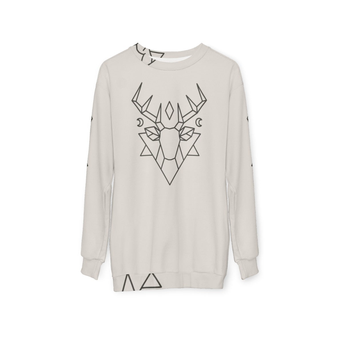 Mystic deer graphic sweatshirt with forest, moon, and stars design - hanging