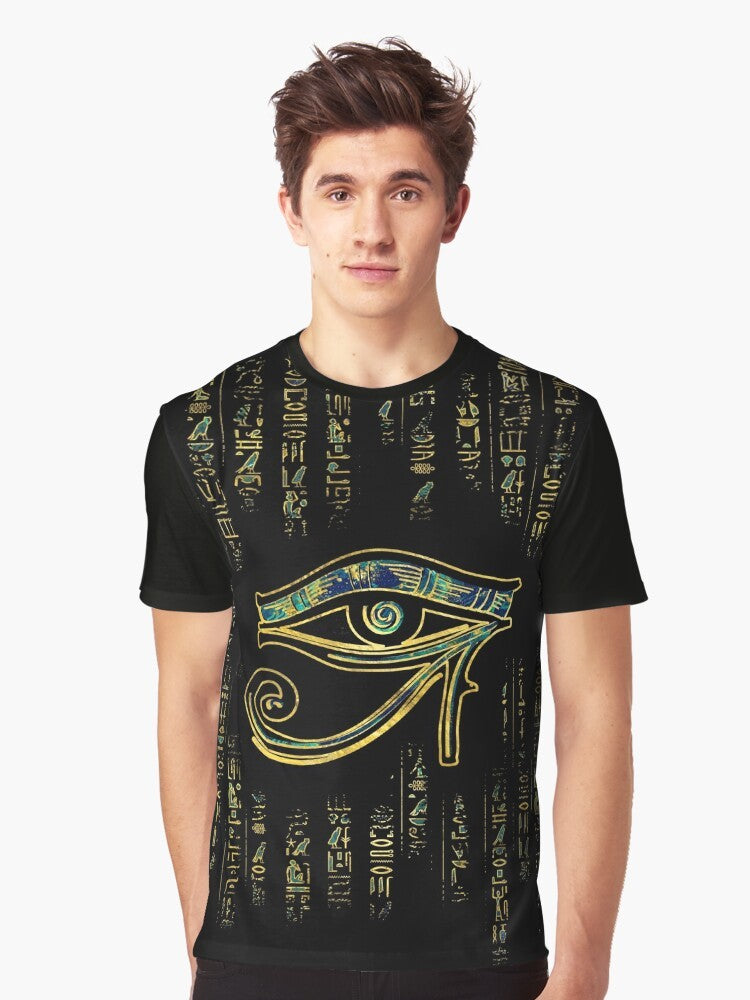 Egyptian Eye of Horus symbol on a gold and marble graphic t-shirt with hieroglyphics - Men