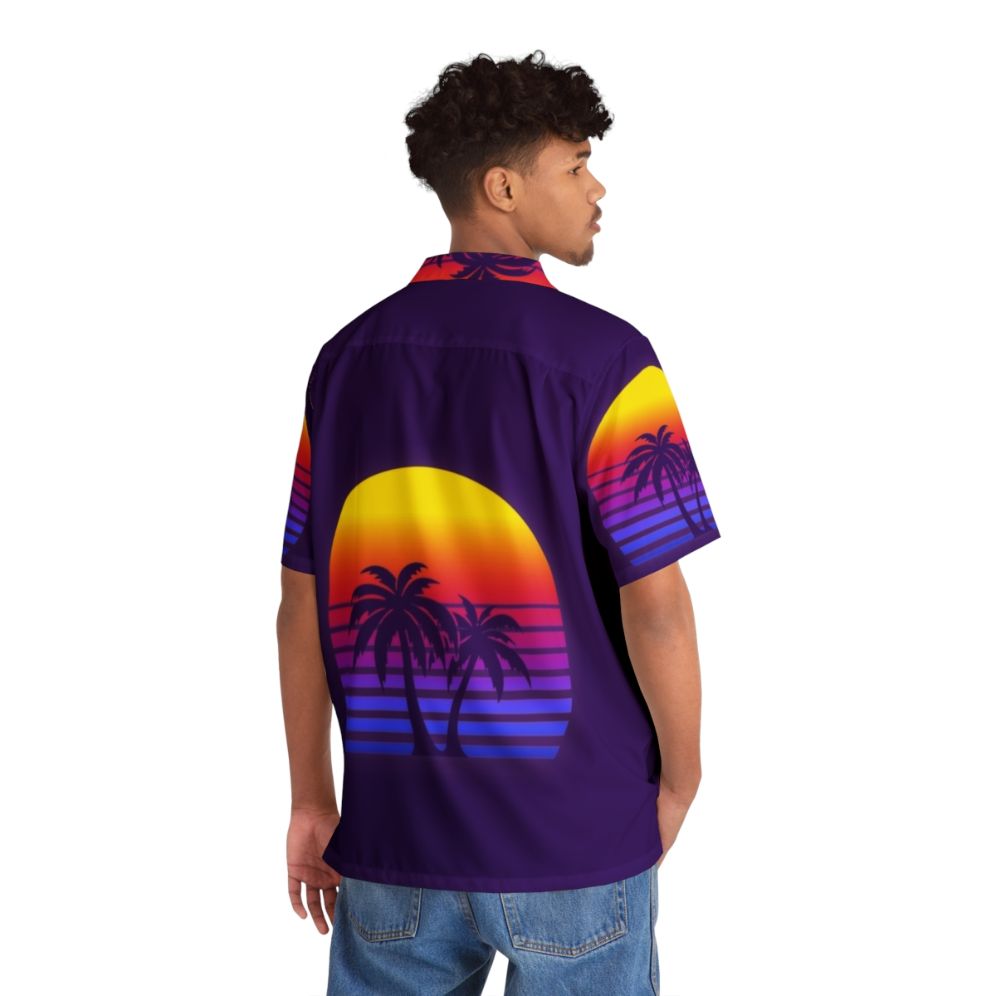 Synthwave Hawaiian Shirt with Retro Palm Trees and Neon Sunset - People Back