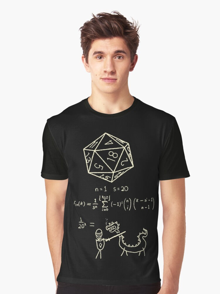 A graphic t-shirt featuring the science and mathematics behind 20-sided dice, perfect for D&D and tabletop roleplaying game enthusiasts. - Men