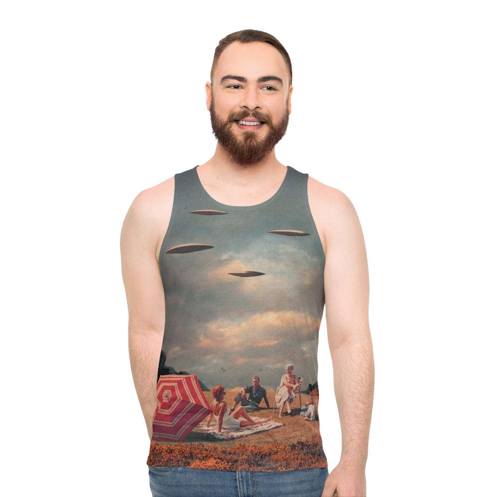 Unisex retro sci-fi tank top with surreal landscape design - men