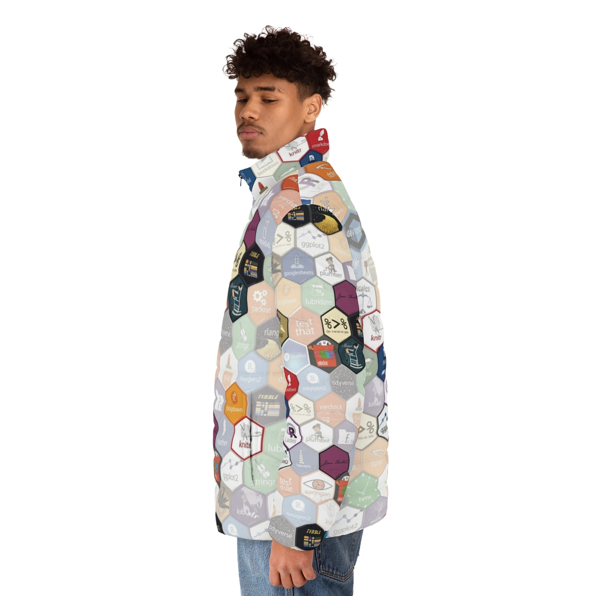 A puffer jacket with a small hexagonal pattern, perfect for data science enthusiasts and R programmers. - men side left