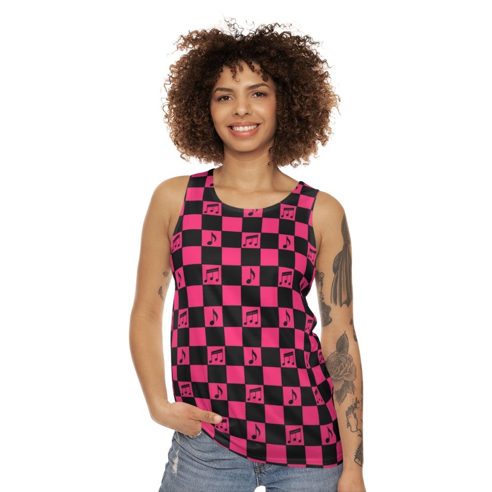 Retro checkerboard pattern unisex tank top with music notes - women