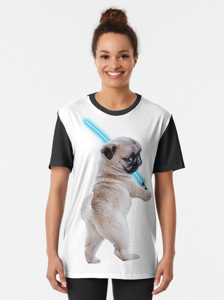 Pug wearing a Star Wars-inspired lightsaber graphic on a t-shirt - Women