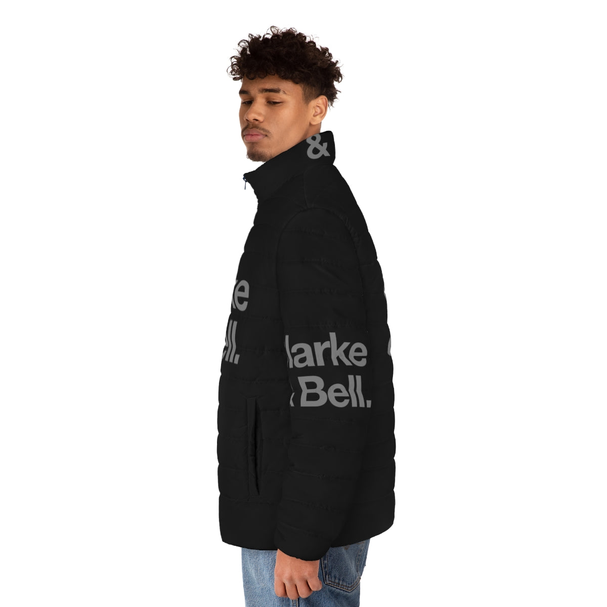 Clarke Bell 80s style puffer jacket featuring synth pop and electronic music inspired design - men side left