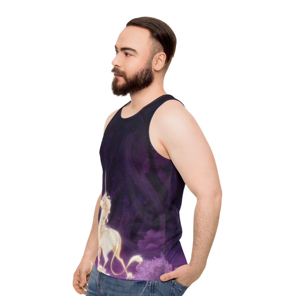 Unisex tank top with a unicorn in a lilac woodland design - men side