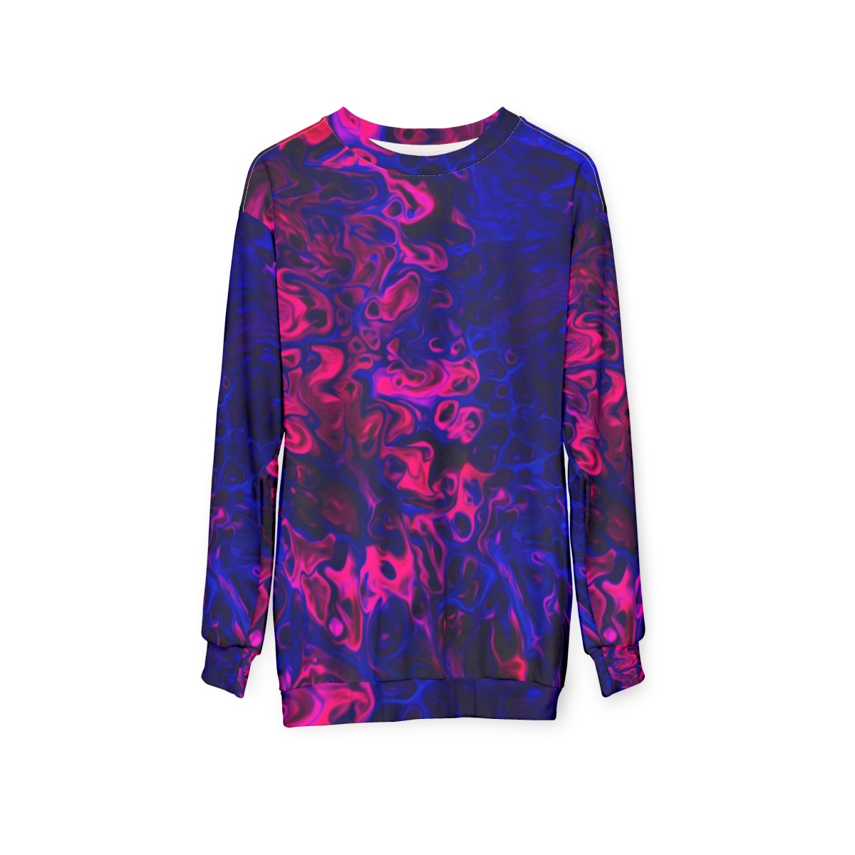 Blacklight poured acrylic sweatshirt with vibrant, energetic abstract pattern - hanging