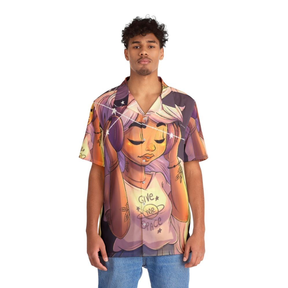 Woman wearing a give me space galaxy print hawaiian shirt - People Front