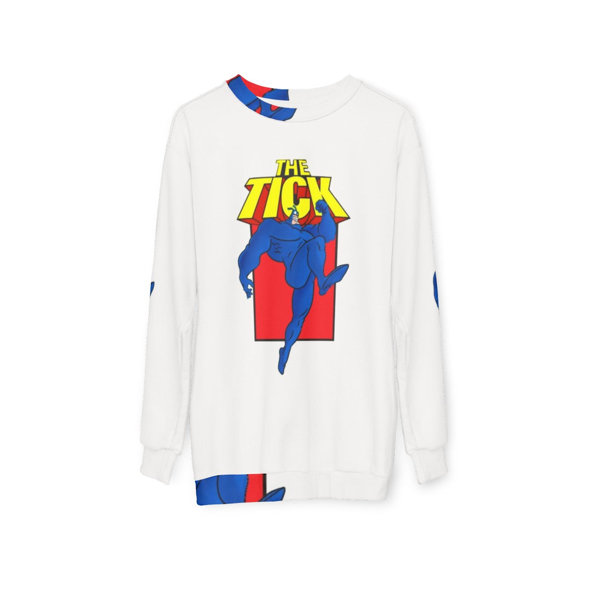 The Tick 90s Cartoon Superhero Blue Sweatshirt - hanging