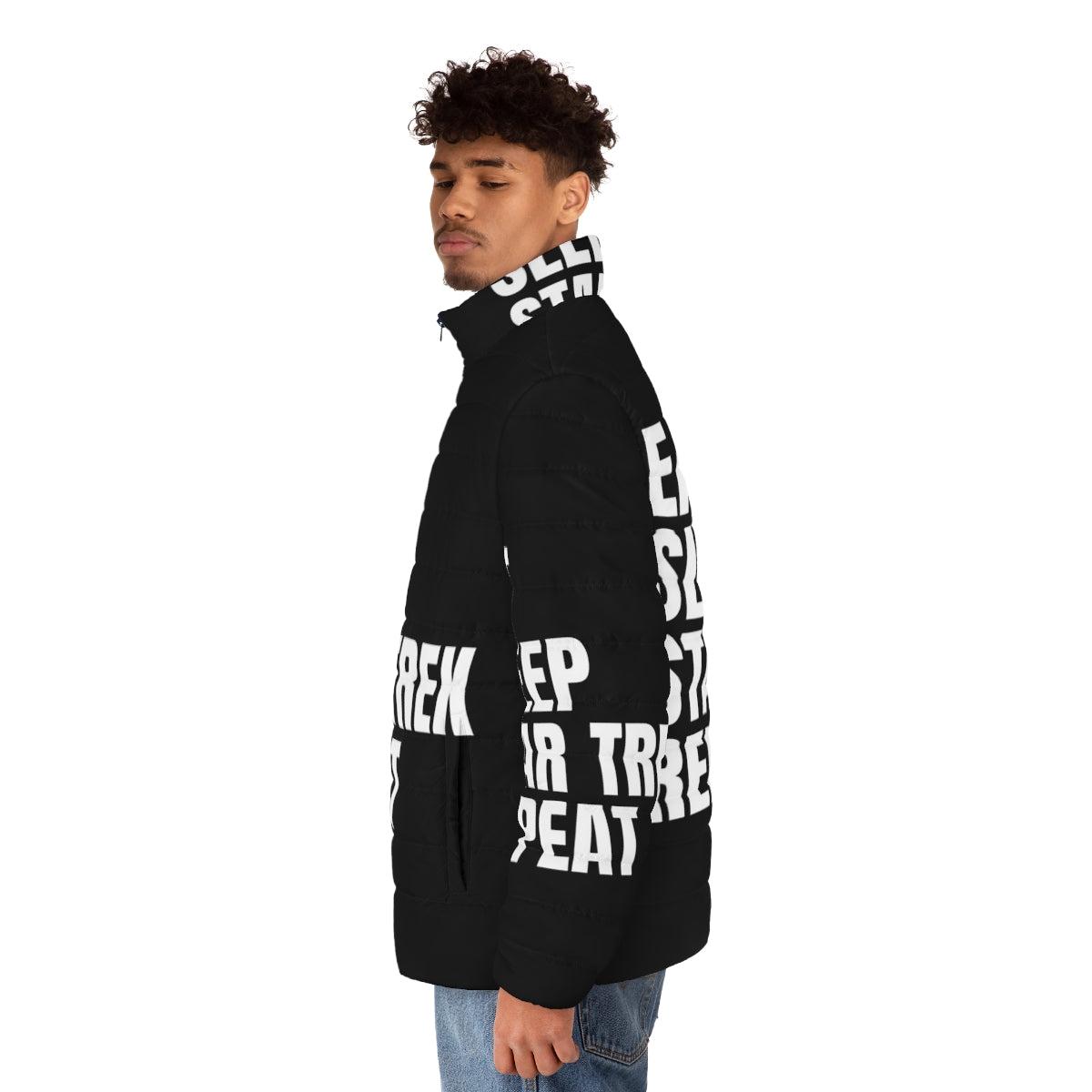 Star Trek Eat Sleep Repeat Puffer Jacket with Enterprise NCC-1701 vector design - men side left