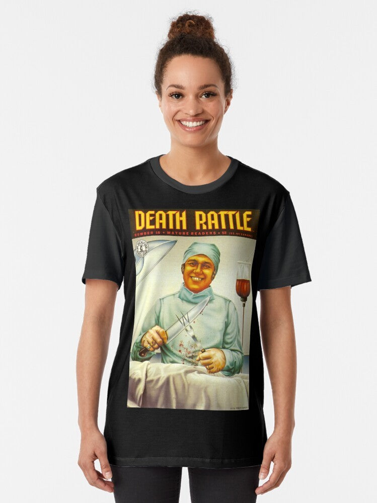 Vintage underground comic cover art "Death Rattle #16" horror graphic t-shirt design with blood, death, and monsters - Women