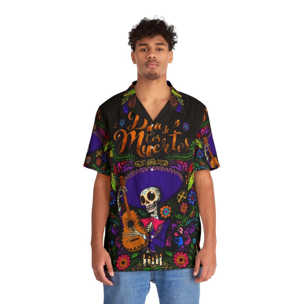 Dia de los Muertos Hawaiian Shirt with Day of the Dead Skull and Floral Print - People Front