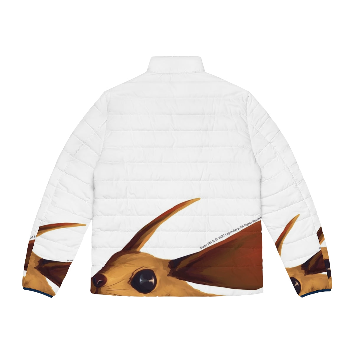 A puffer jacket featuring a desert mouse design inspired by the Dune movie - Back