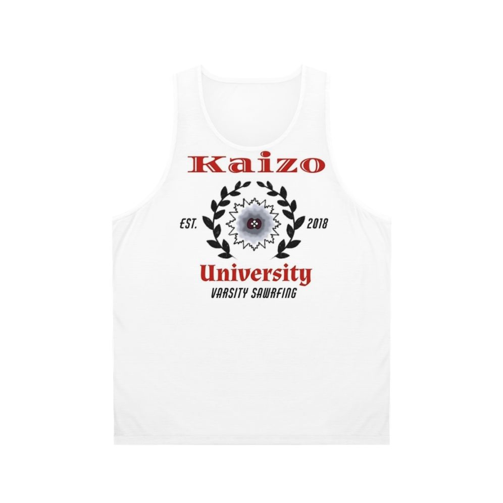 Varsity-style unisex tank top with sawrfing and saw blade design