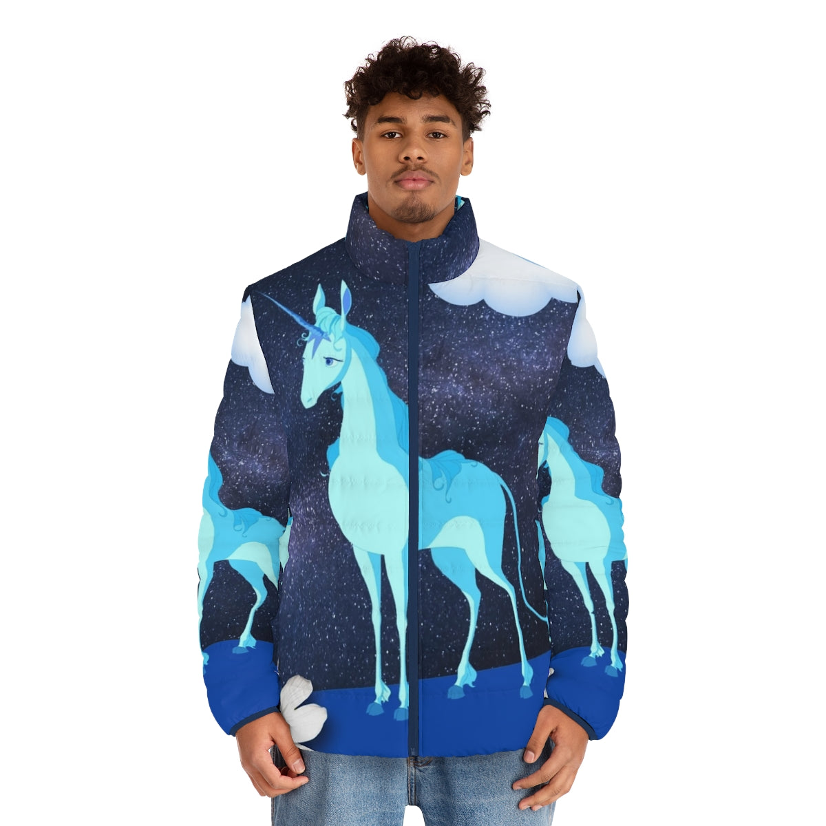 The Last Unicorn Lunar Landscape Puffer Jacket featuring a nostalgic 80s fantasy illustration of the unicorn character. - men front