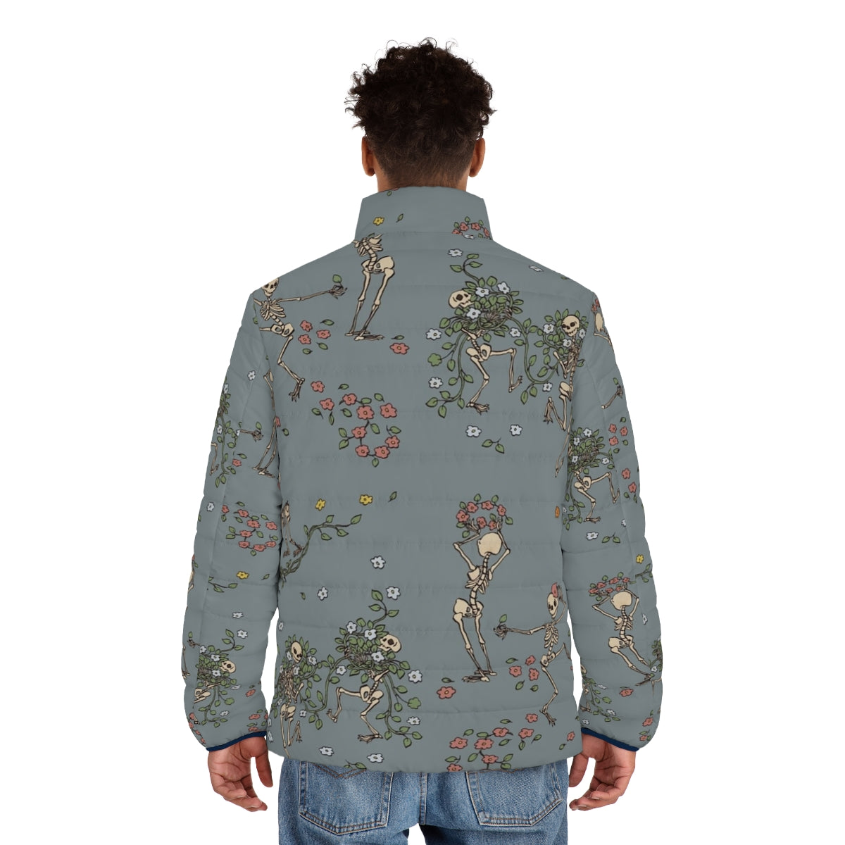 Skeleton puffer jacket with colorful floral garlands - men back