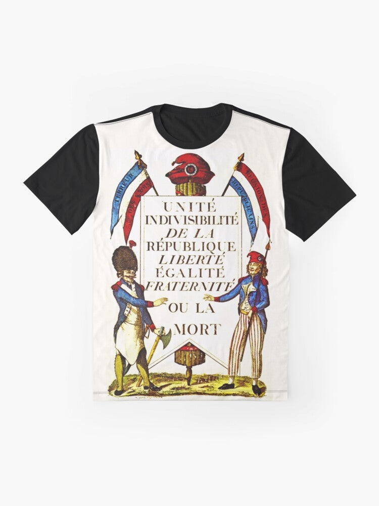 Vintage French Revolution inspired graphic t-shirt with the words "Liberty, Equality, Fraternity or Death" and imagery - Flat lay