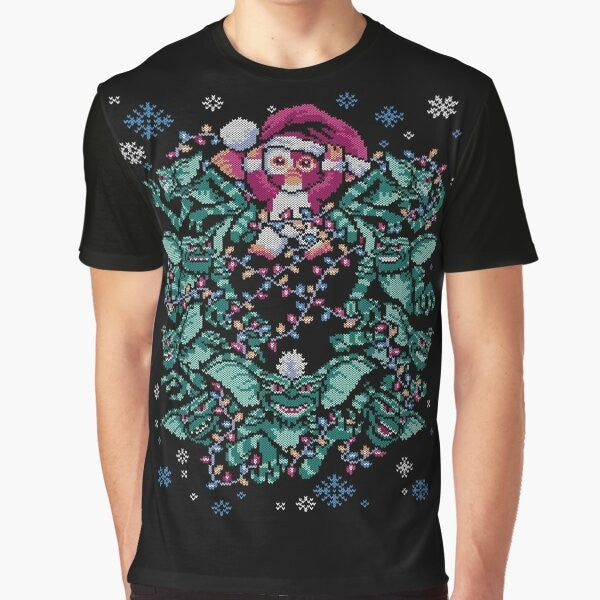 Gremlins Christmas graphic t-shirt featuring Gizmo the Mogwai in a classic 80s holiday design