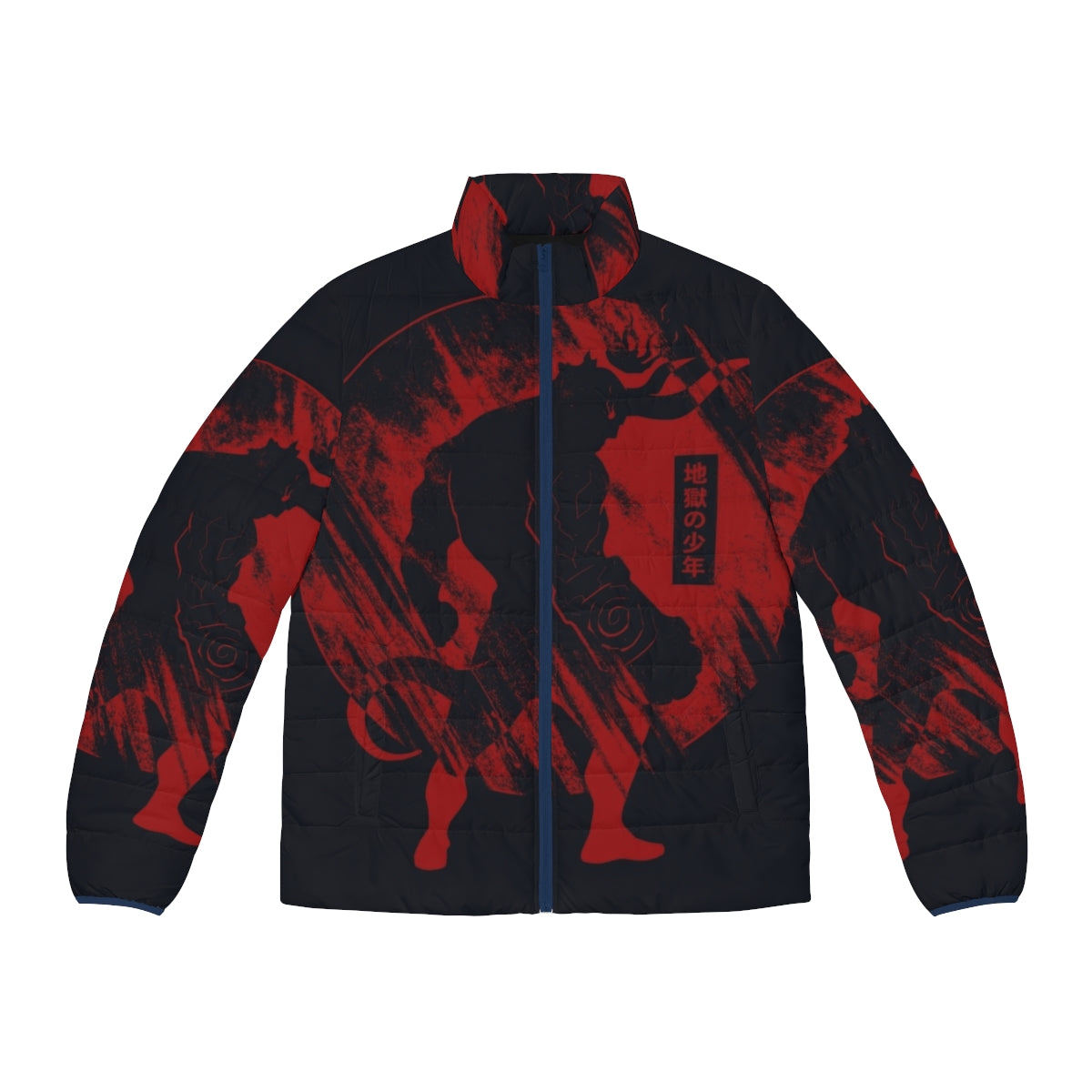 Hellboy inspired puffer jacket with a bold red and black design