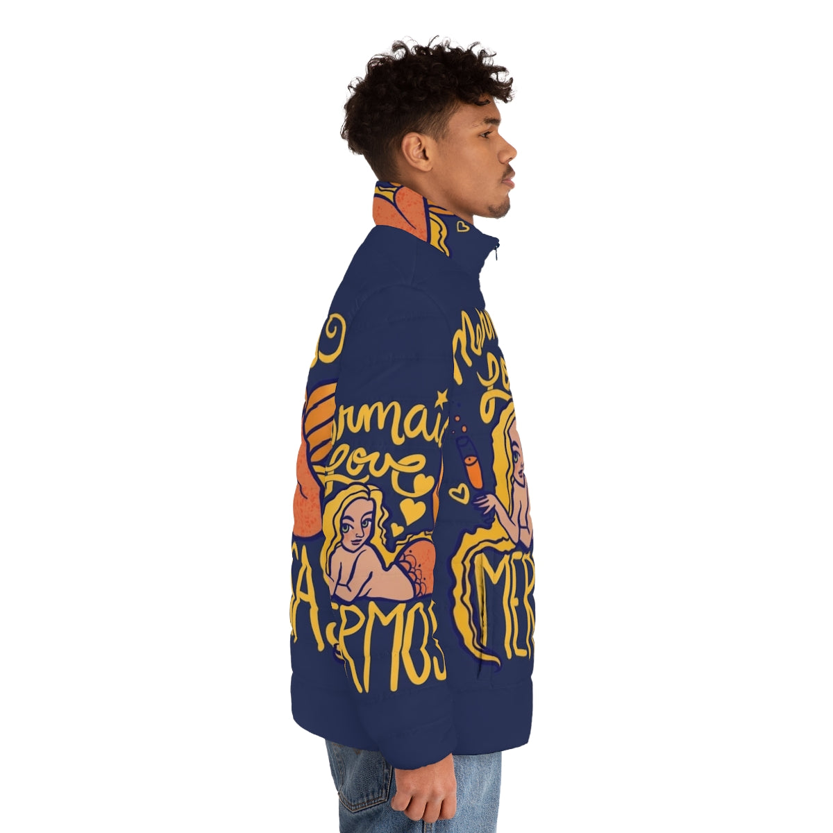 Mermaids Love Mermosas Puffer Jacket with a print of mermaids and mimosas - men side right