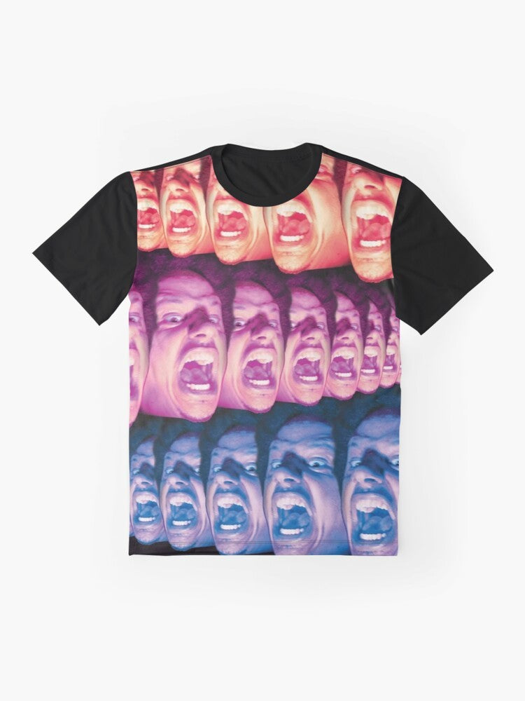 Eric Andre Screaming Graphic T-Shirt with the logo and character from the popular TV show "The Eric Andre Show" - Flat lay