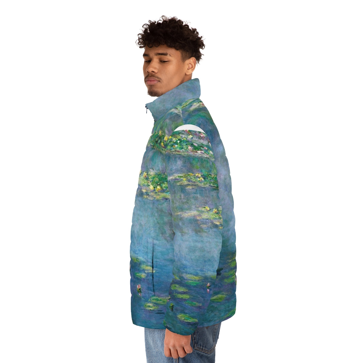 Claude Monet Water Lilies Puffer Jacket featuring the iconic impressionist painting - men side left