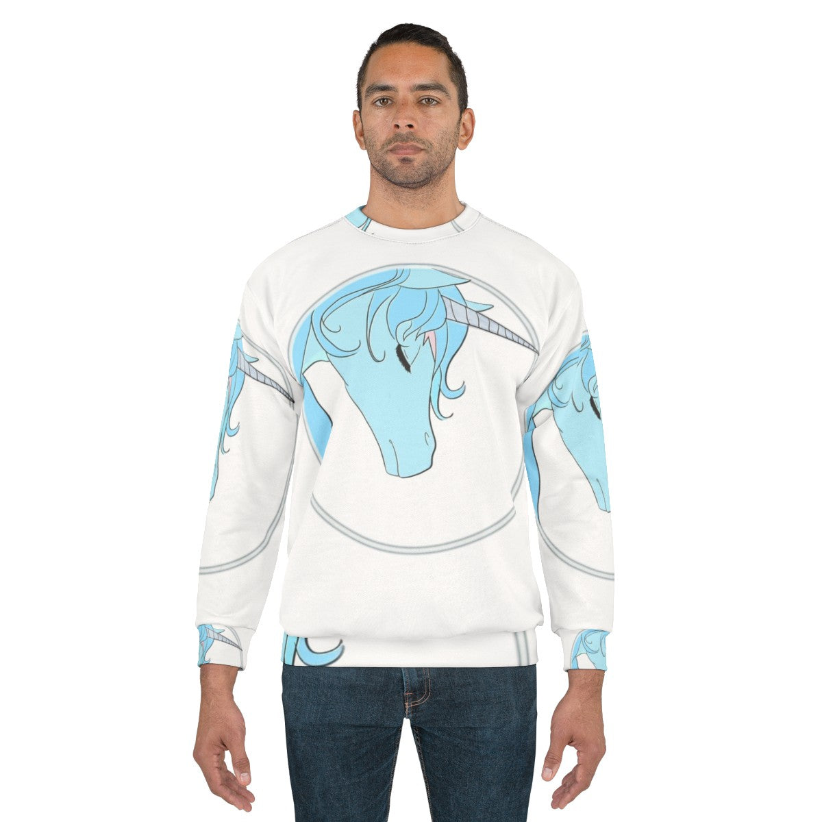 Model wearing a cozy "The Last Unicorn" sweatshirt with a magical unicorn design - men