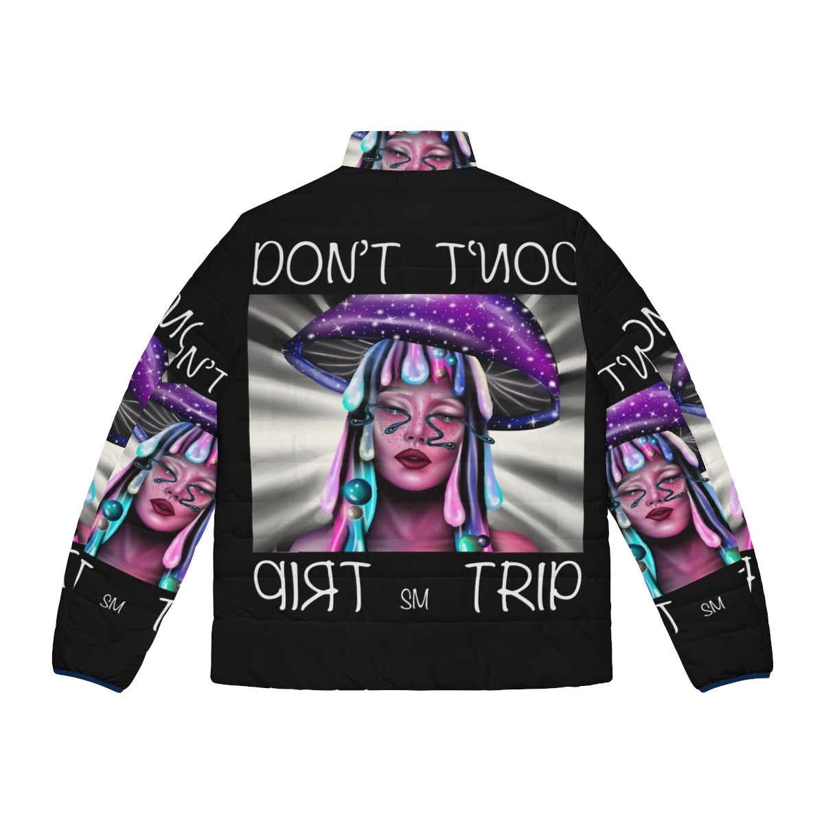 Trippy puffer jacket with psychedelic and mushroom design - Back