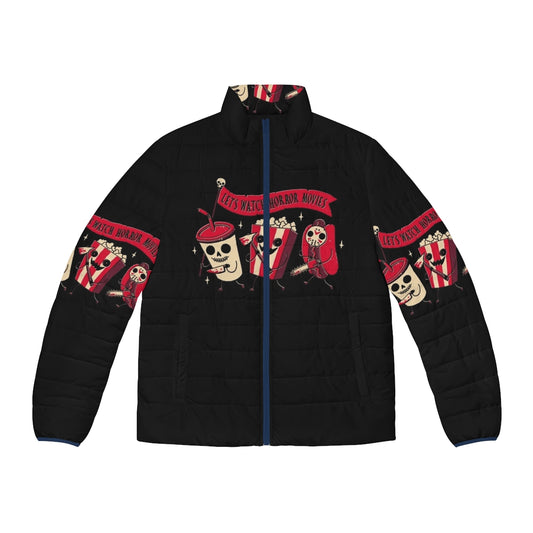 A cozy and stylish midnight movie puffer jacket, featuring a spooky and retro horror movie inspired design