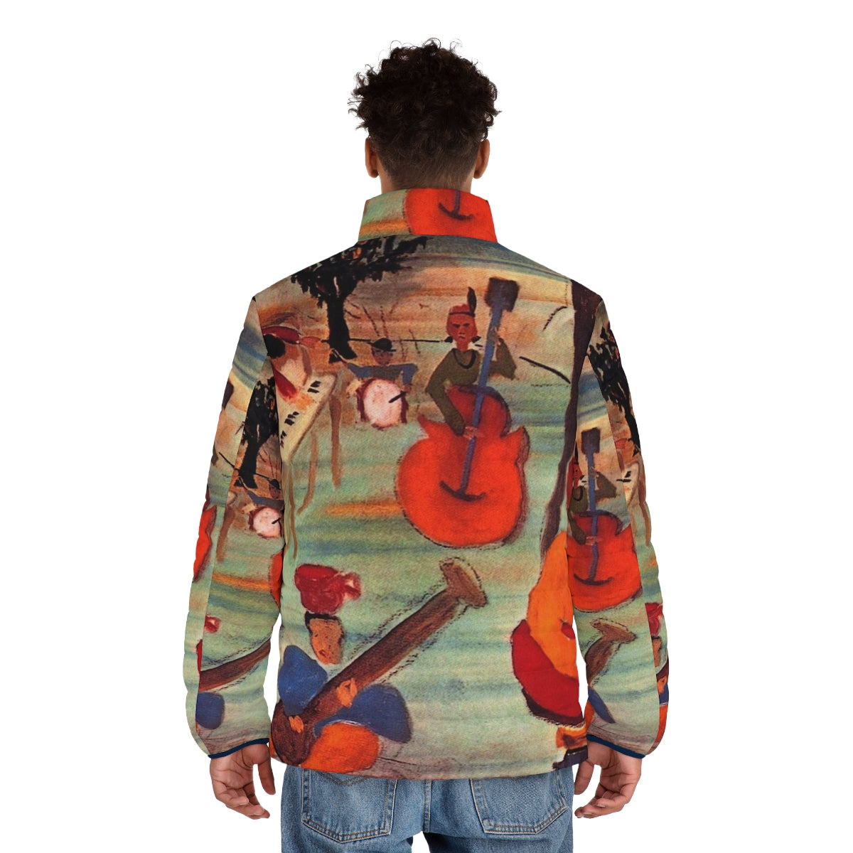 Puffer jacket featuring the iconic album cover art of 'Music From Big Pink' by the legendary rock band - men back