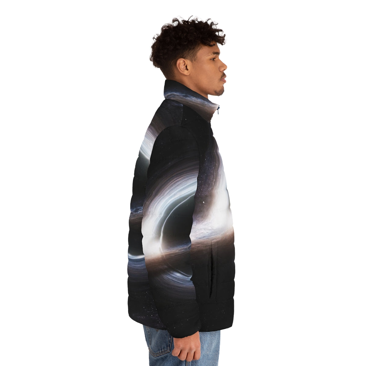 Gargantua space-themed puffer jacket with black hole and galaxy design - men side right