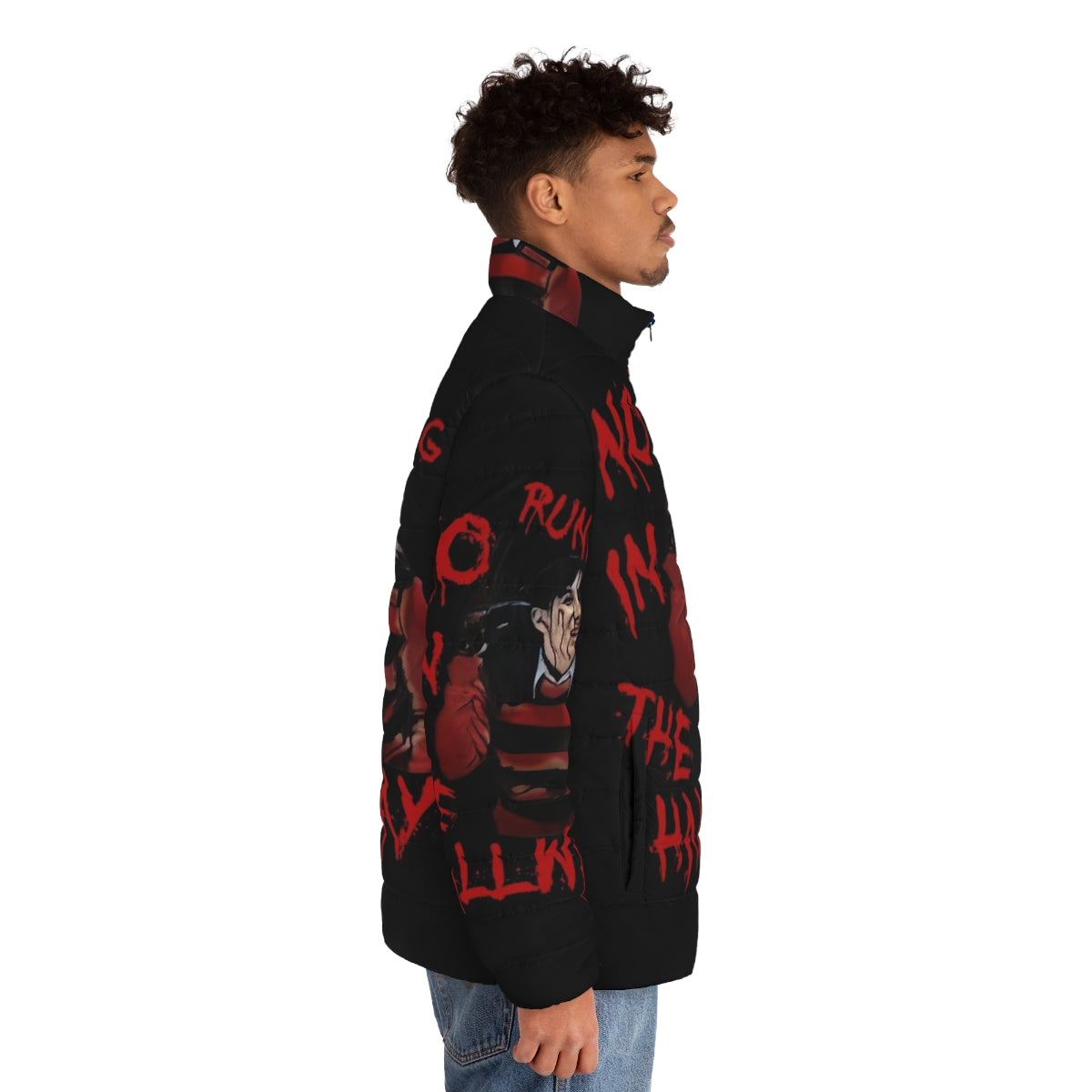 "No Running in the Hallway" puffer jacket with Freddy Krueger inspired design - men side right