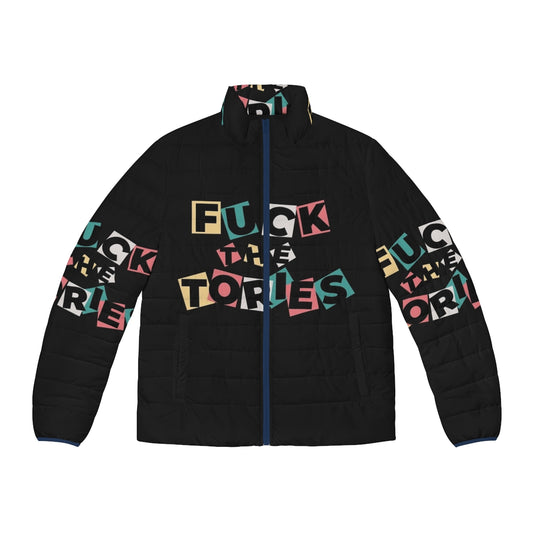 Anti-Tory political puffer jacket with "Fuck the Tories 3" design