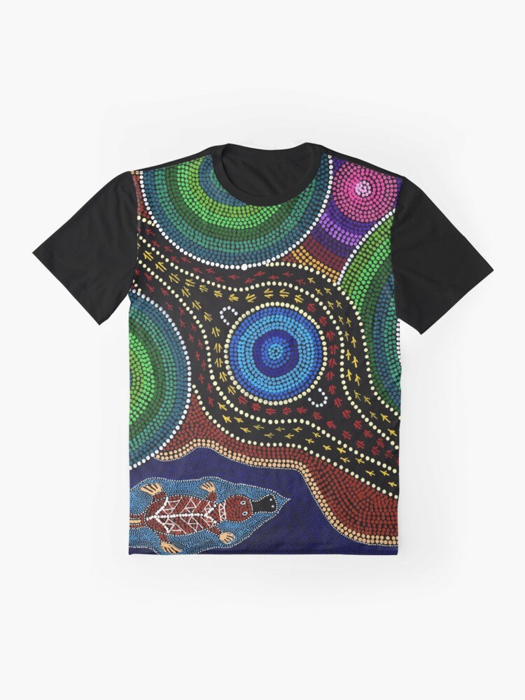 Platypus Playground Graphic T-Shirt featuring Australian Aboriginal Art with Platypus, Kangaroos, and Emus - Flat lay