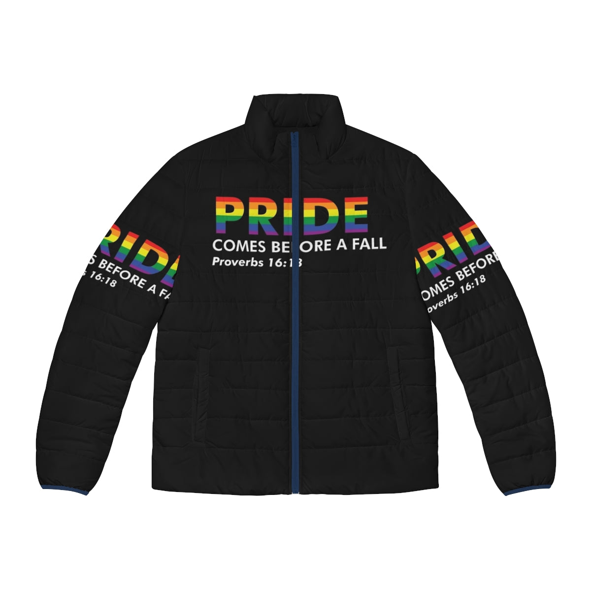 Pride Proverbs 16:18 Puffer Jacket with biblical, rainbow design