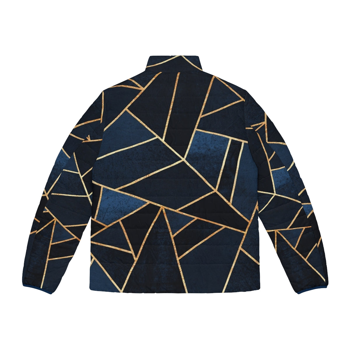 Navy puffer jacket with geometric mosaic design in stone and gold tones - Back