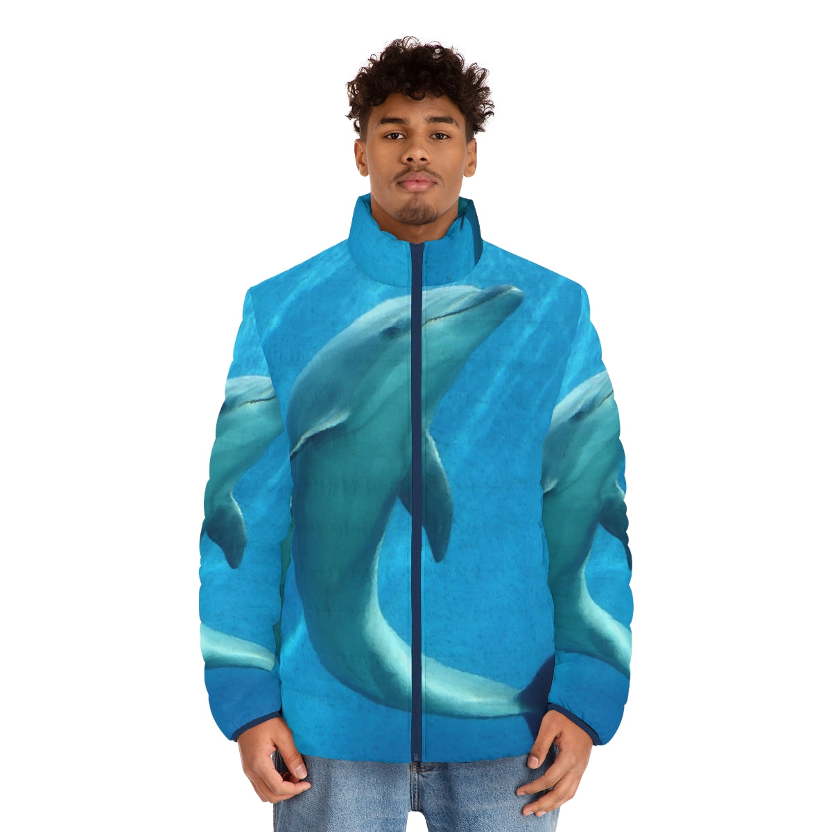 Dolphin puffer jacket with abstract patterns and fantasy design - men front