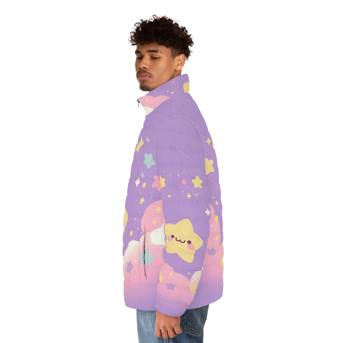 Puffer jacket with a galaxy star print design in shades of purple and blue - men side left