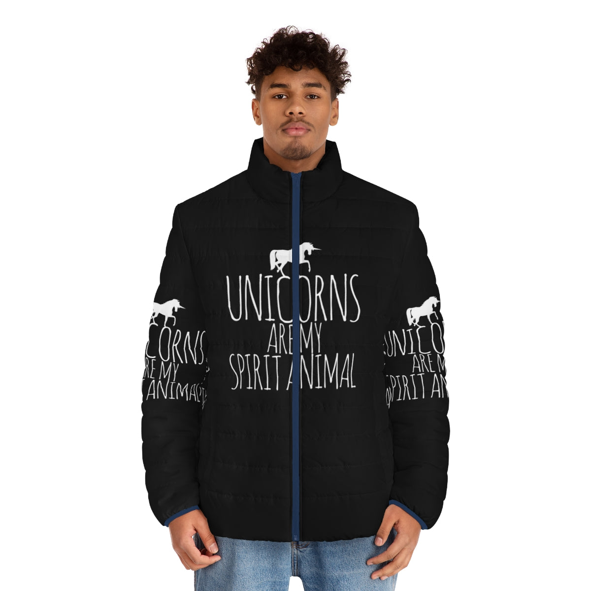 Unicorn puffer jacket with "Unicorns Are My Spirit Animal" design - men front