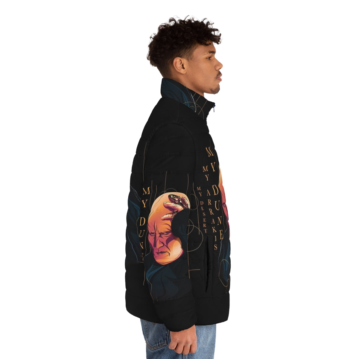 Dune Baron Harkonnen Puffer Jacket featuring shai hulud and desert planet Arrakis imagery - men side right