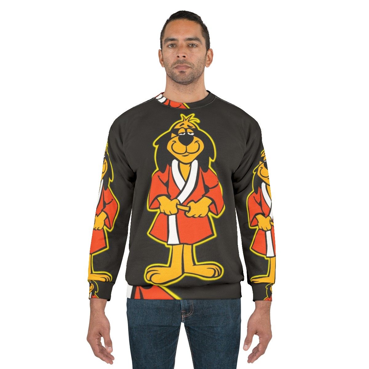 Hong Kong Phooey Cartoon Character Standing on Black Sweatshirt - men