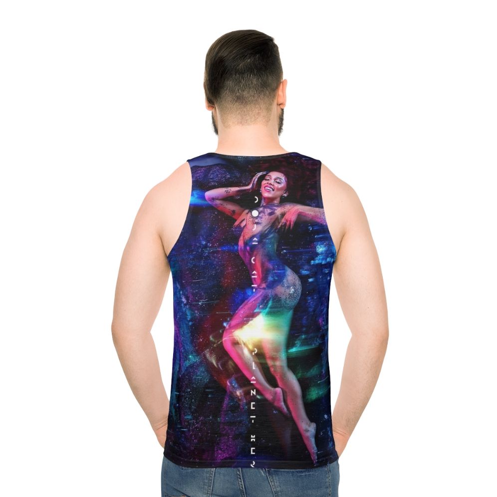 Anime-style cat lover's unisex tank top with "World Cat Love" design - men back