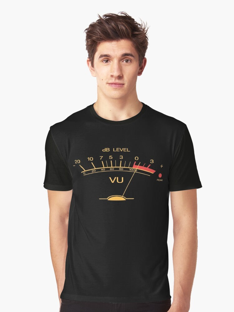 Vintage-style graphic t-shirt featuring a volume VU meter and text "Audio Engineer Recording Studio Gear Head Musician Guitar" - Men