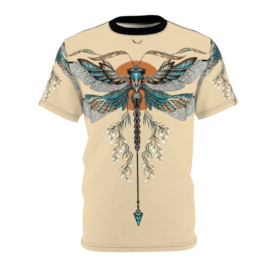 A stylized dragonfly tattoo design printed on a high-quality t-shirt