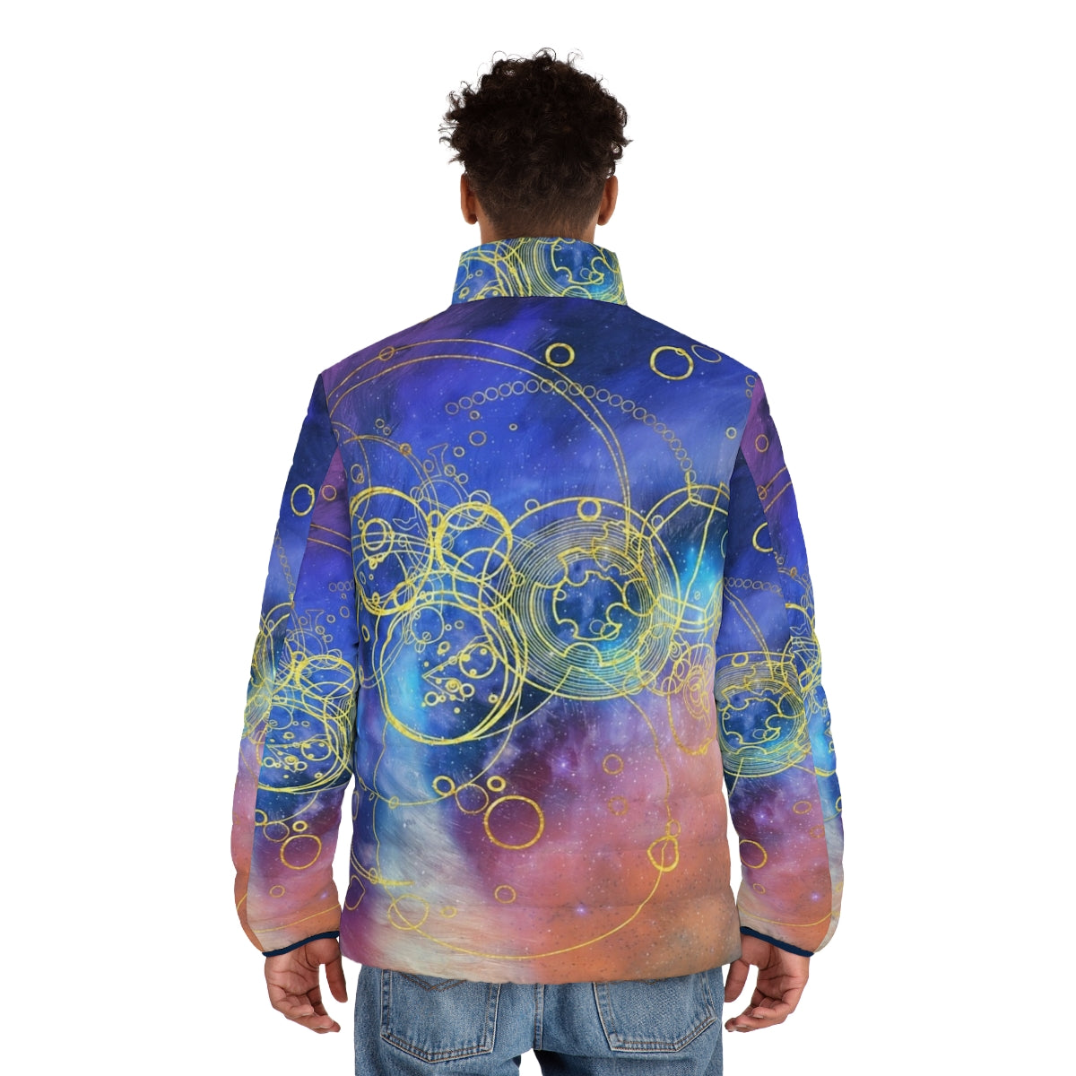 Puffer jacket featuring swirling vortex hues and Gallifreyan symbols, a must-have for Doctor Who fans. - men back