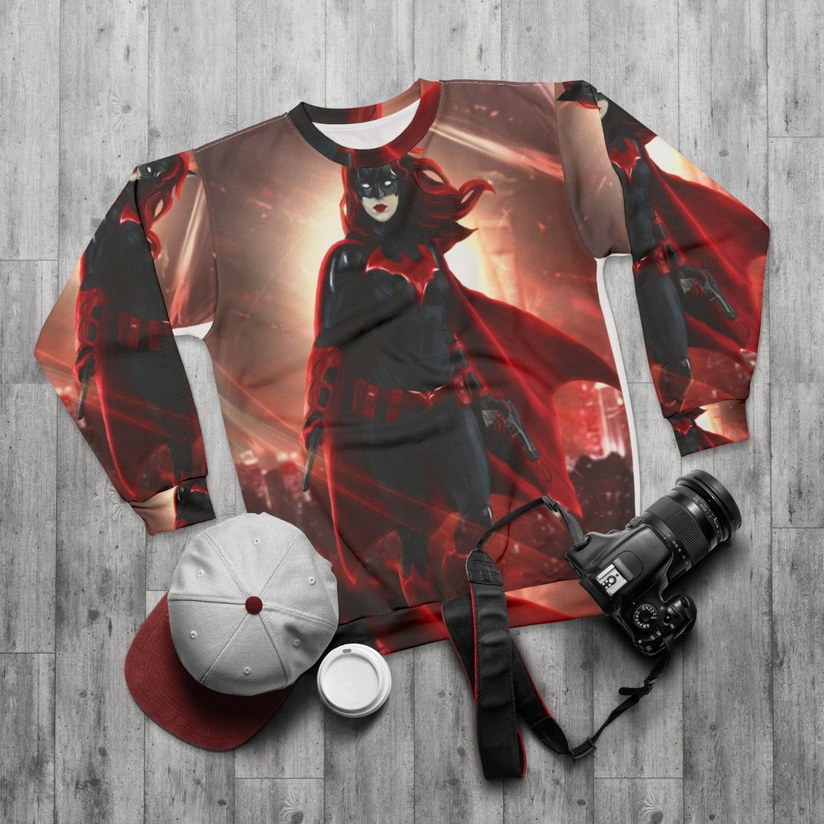 Batwoman Superhero Sweatshirt Featuring Kate Kane Comic Book Character - flat lay