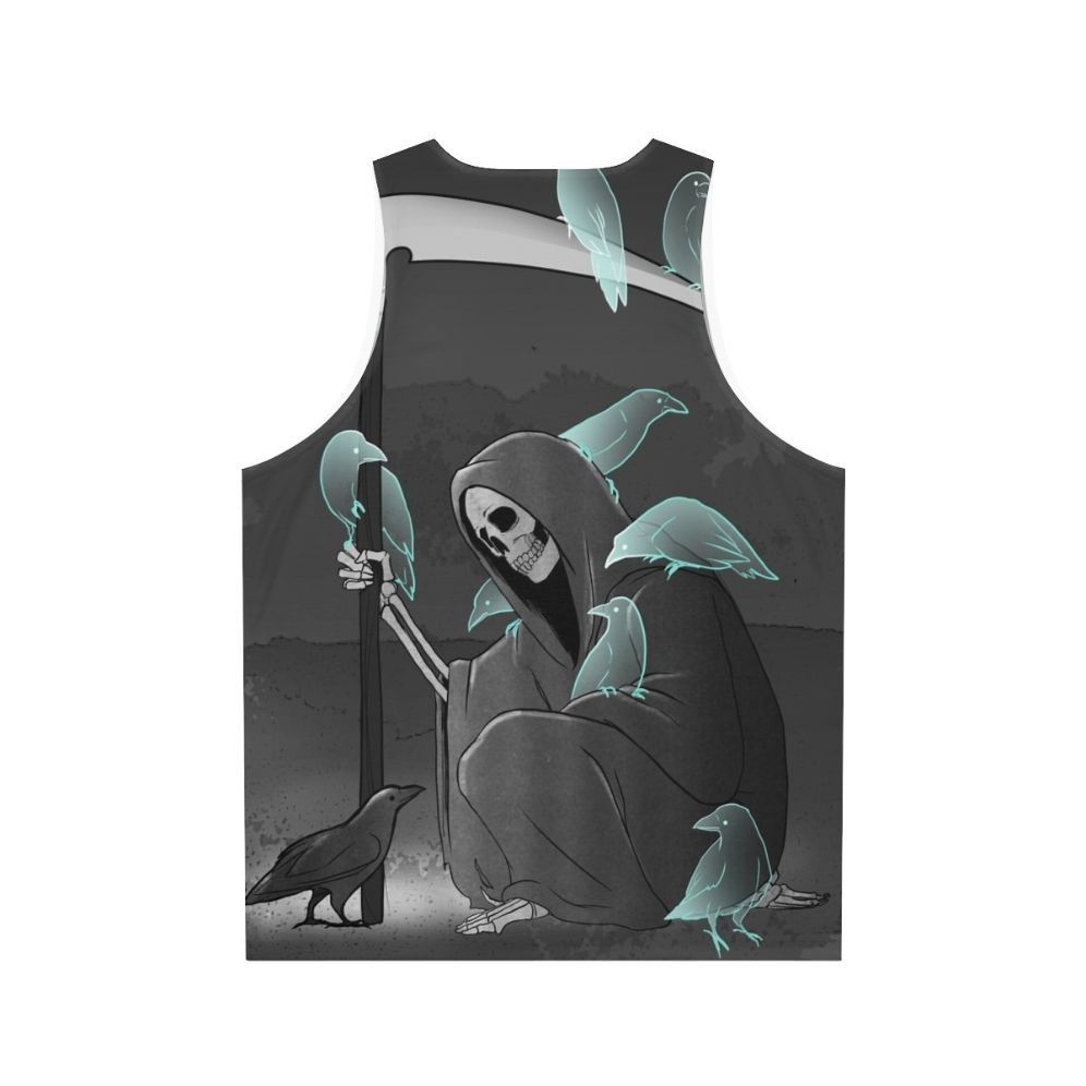 Unisex tank top with a dark gothic design featuring crows and a reaper - Back