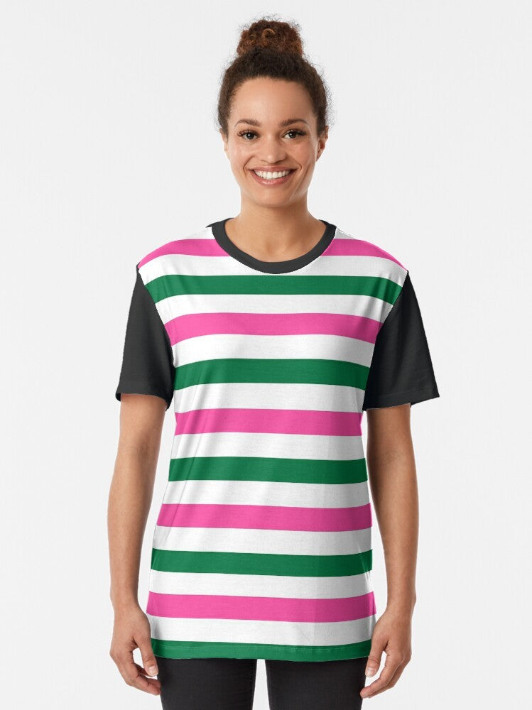 Stripy deckchair graphic t-shirt in forest green and hot pink colors - Women